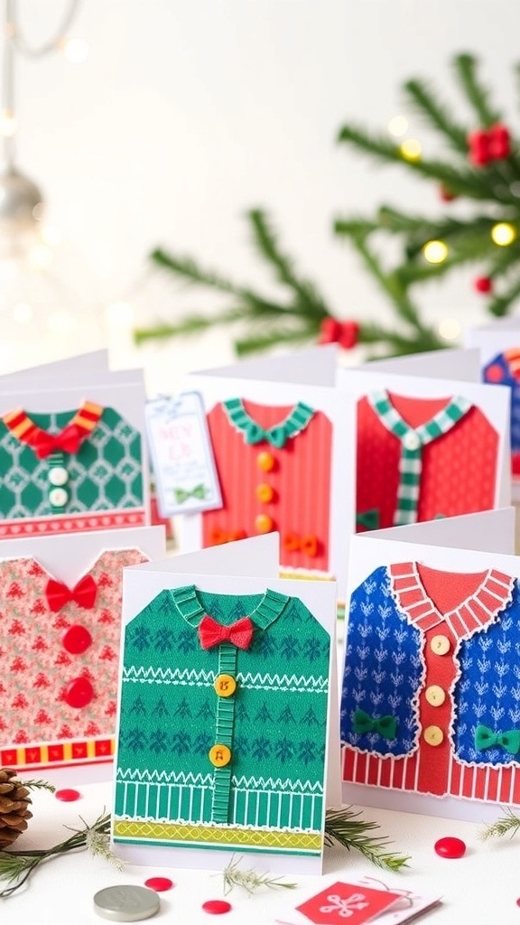 Handmade Christmas jumper cards with colorful designs and embellishments on a festive table.